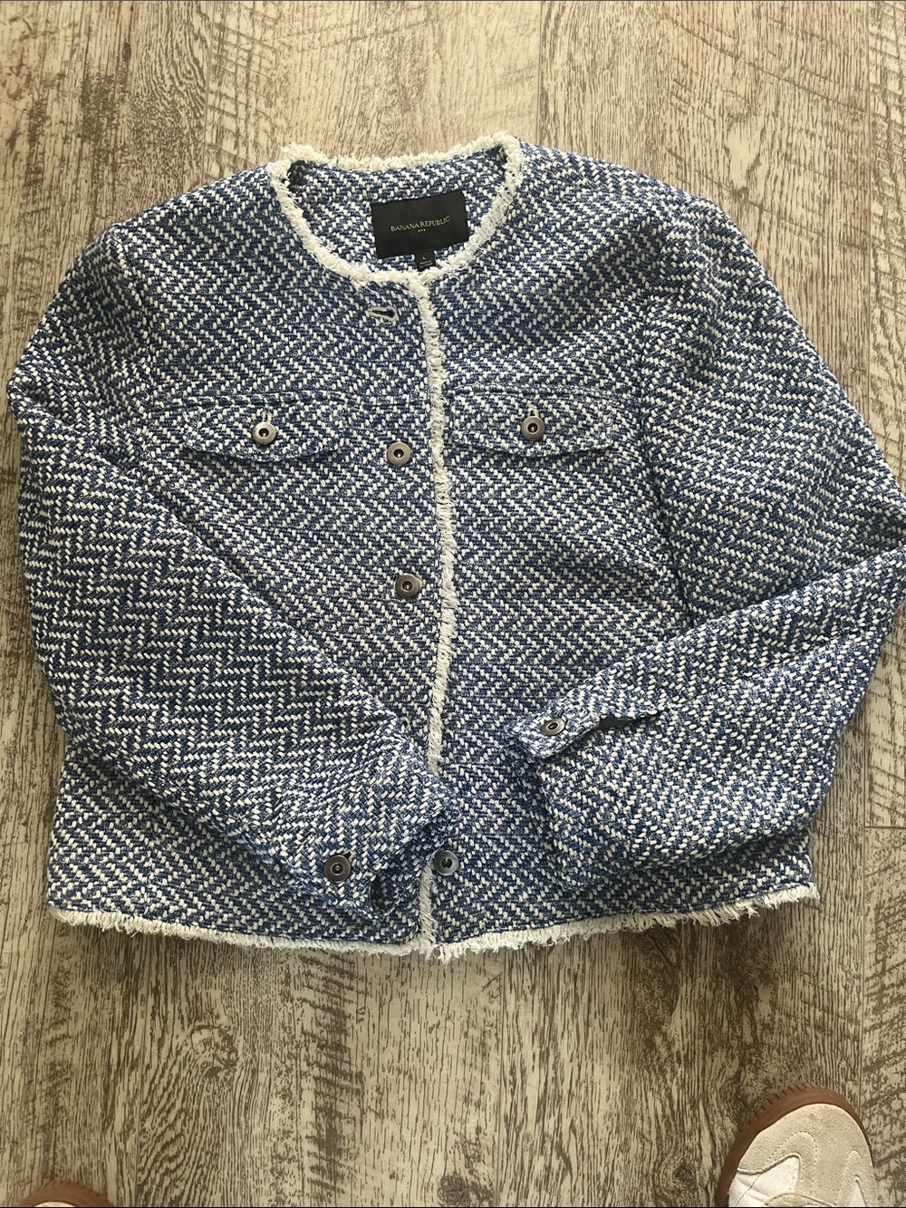 Banana Republic Navy and White Tweed Fringed Jacket
